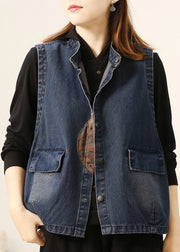 Loose Blue Stand Collar Print Button Pockets Cotton Waistcoat Sleeveless