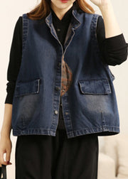 Loose Blue Stand Collar Print Button Pockets Cotton Waistcoat Sleeveless