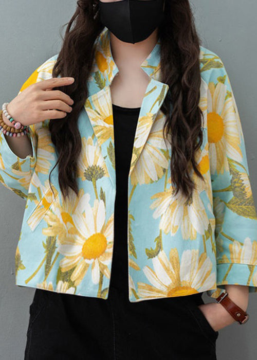 Loose Blue Stand Collar Print Cotton Cardigan Fall