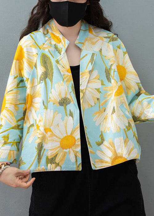 Loose Blue Stand Collar Print Cotton Cardigan Fall