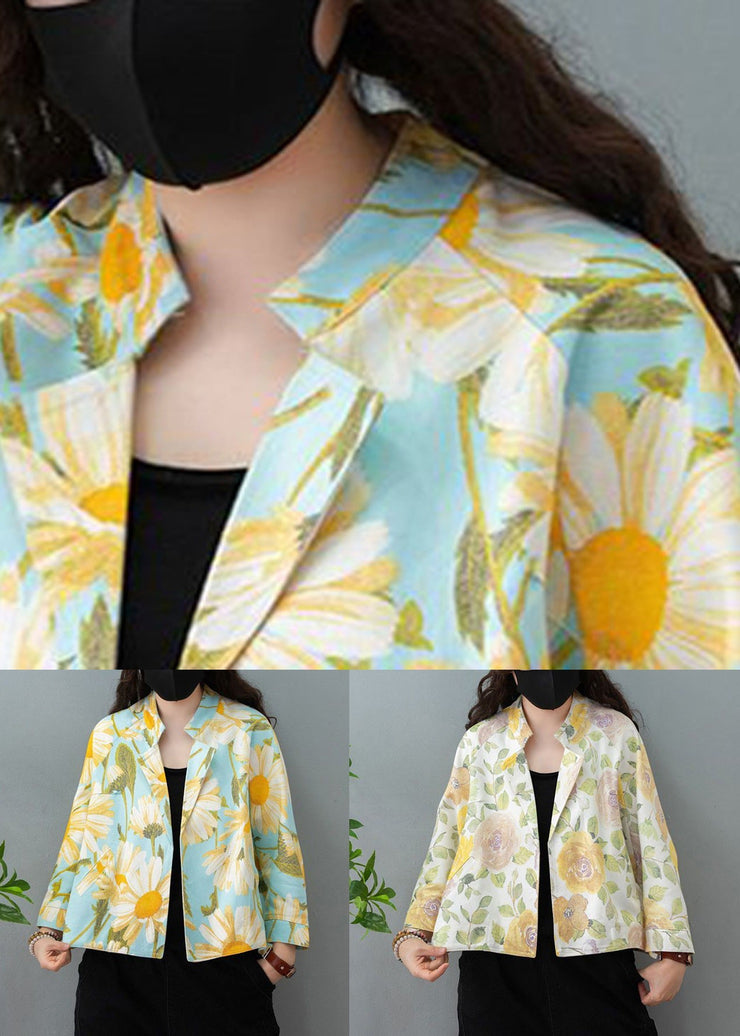 Loose Blue Stand Collar Print Cotton Cardigan Fall