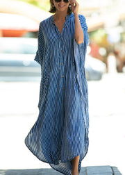 Loose Blue Stand Collar Striped Button Side Open Maxi Dress Summer