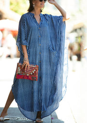 Loose Blue Stand Collar Striped Button Side Open Maxi Dress Summer