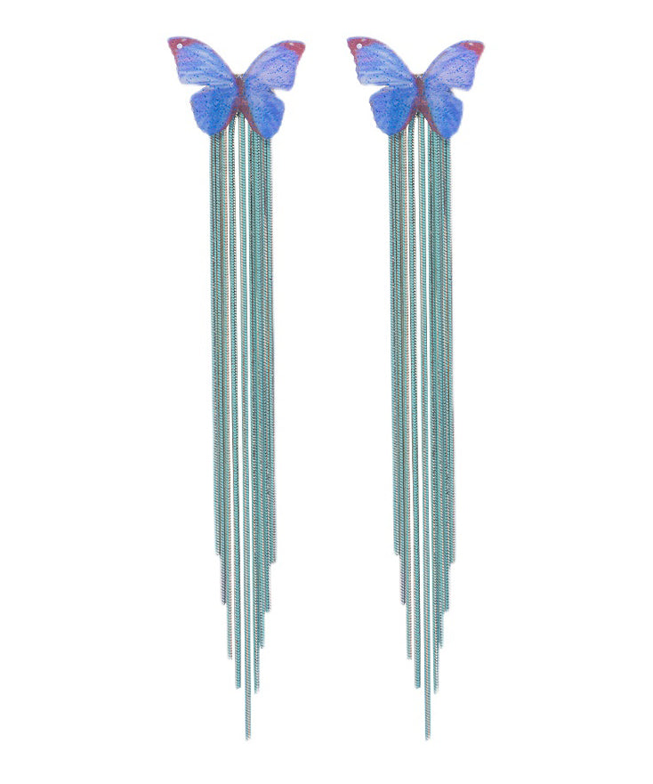 Loose Blue Sterling Silver Butterfly Chain Tassel Drop Earrings