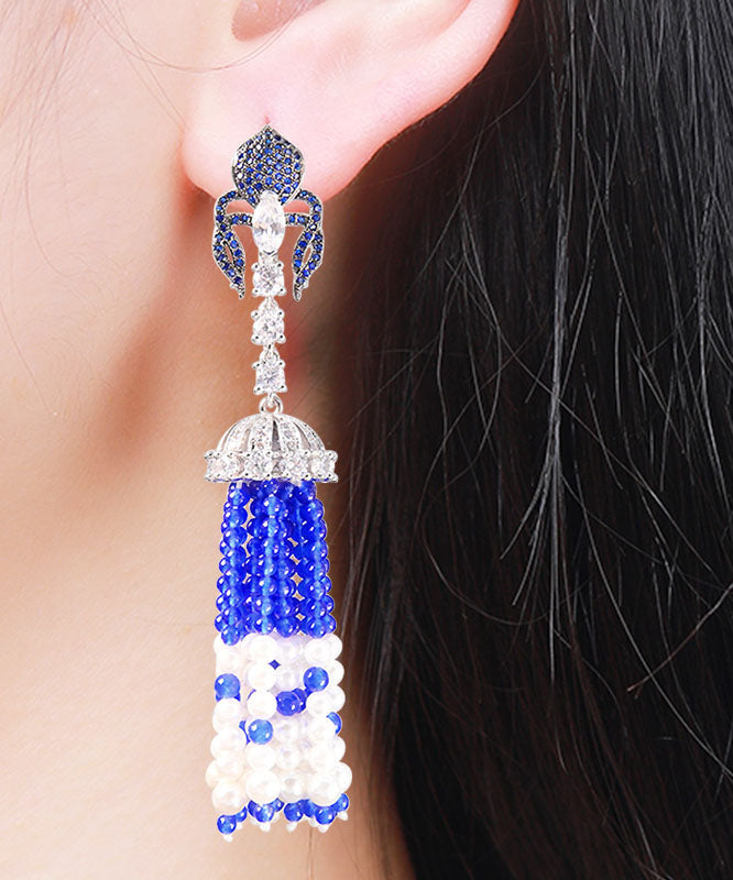 Loose Blue Sterling Silver Chalcedony Shell Tassel Drop Earrings