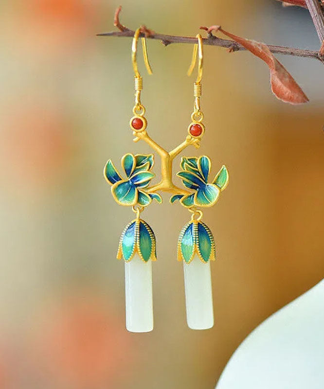 Loose Blue Sterling Silver Inlaid Jade Gem Stone Enamel Orchid Drop Earrings