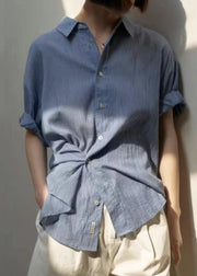 Loose Blue Striped Button Patchwork Cotton Blouses Summer