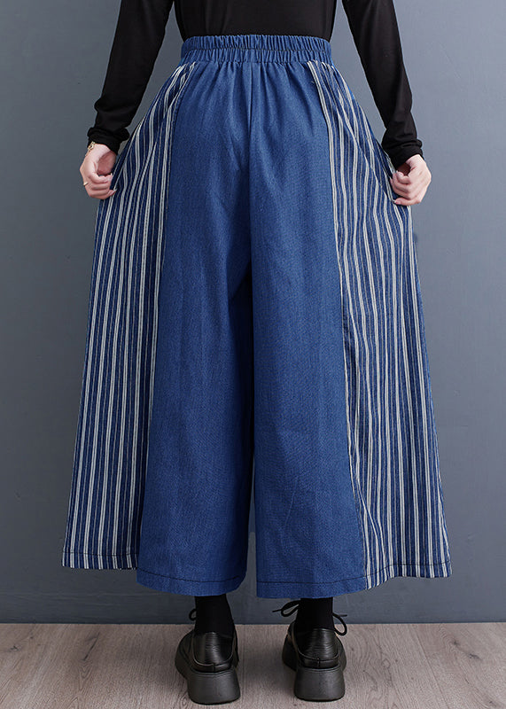 Loose Blue Striped Elastic Waist Denim Wide Leg Pants Fall