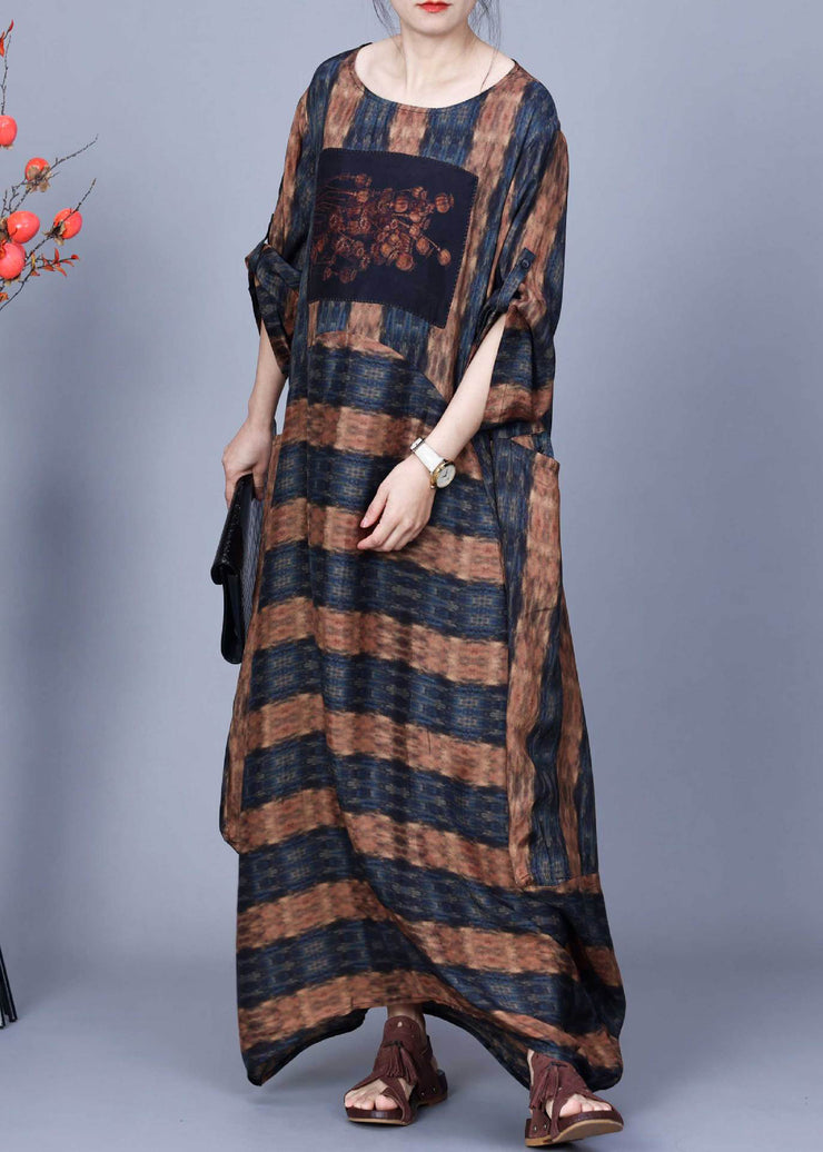 Loose Blue Striped O Neck Silk Maxi Dresses Bracelet Sleeve