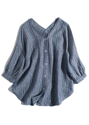 Loose Blue Striped V Neck Button Linen Blouses Bracelet Sleeve