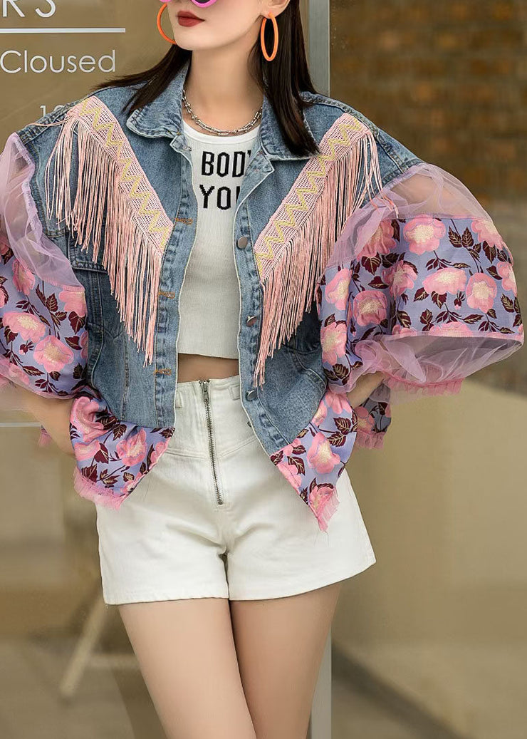 Loose Blue Tasseled Embroideried Ruffled Patchwork Denim Coat Lantern Sleeve