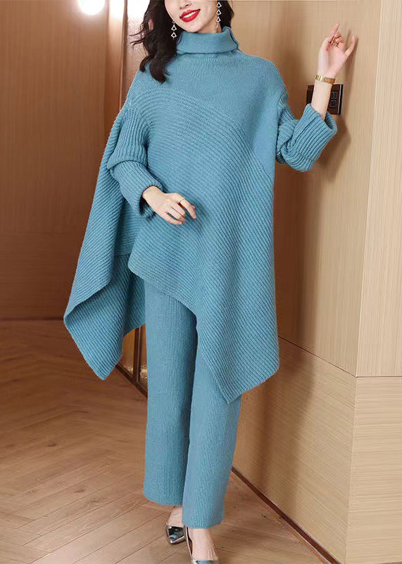 Loose Blue Turtleneck Solid Knit Two Pieces Set Winter