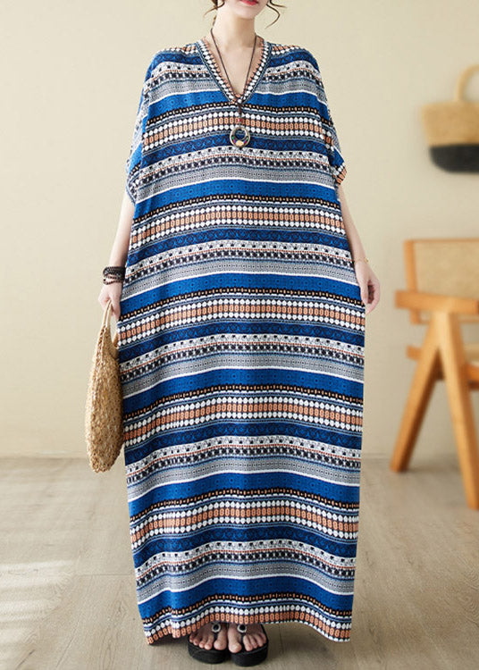 Loose Blue V Neck Animal Print Long Beach Dresses Summer