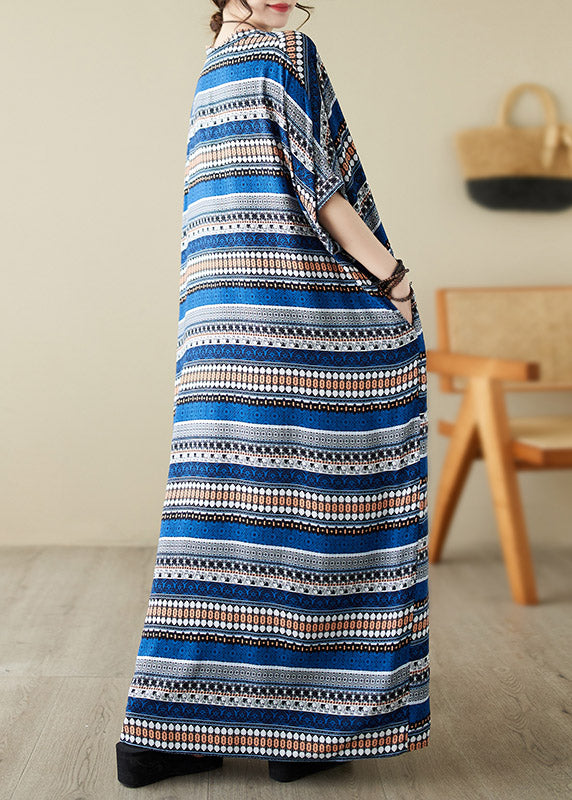 Loose Blue V Neck Animal Print Long Beach Dresses Summer