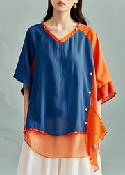 Loose Blue V Neck Asymmetrical T Shirt Half Sleeve