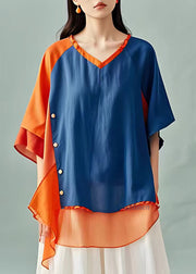 Loose Blue V Neck Asymmetrical T Shirt Half Sleeve