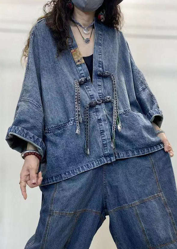 Loose Blue V Neck Button Patchwork Denim Coats Long Sleeve