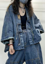 Loose Blue V Neck Button Patchwork Denim Coats Long Sleeve