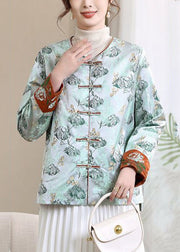 Loose Blue V Neck Button Print Silk Coats Spring