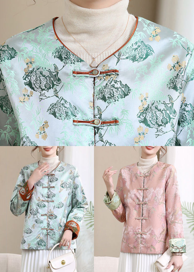 Loose Blue V Neck Button Print Silk Coats Spring