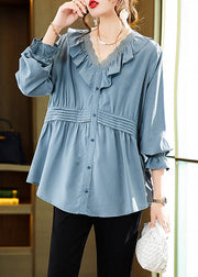 Loose Blue V Neck Button Solid Tops Long Sleeve