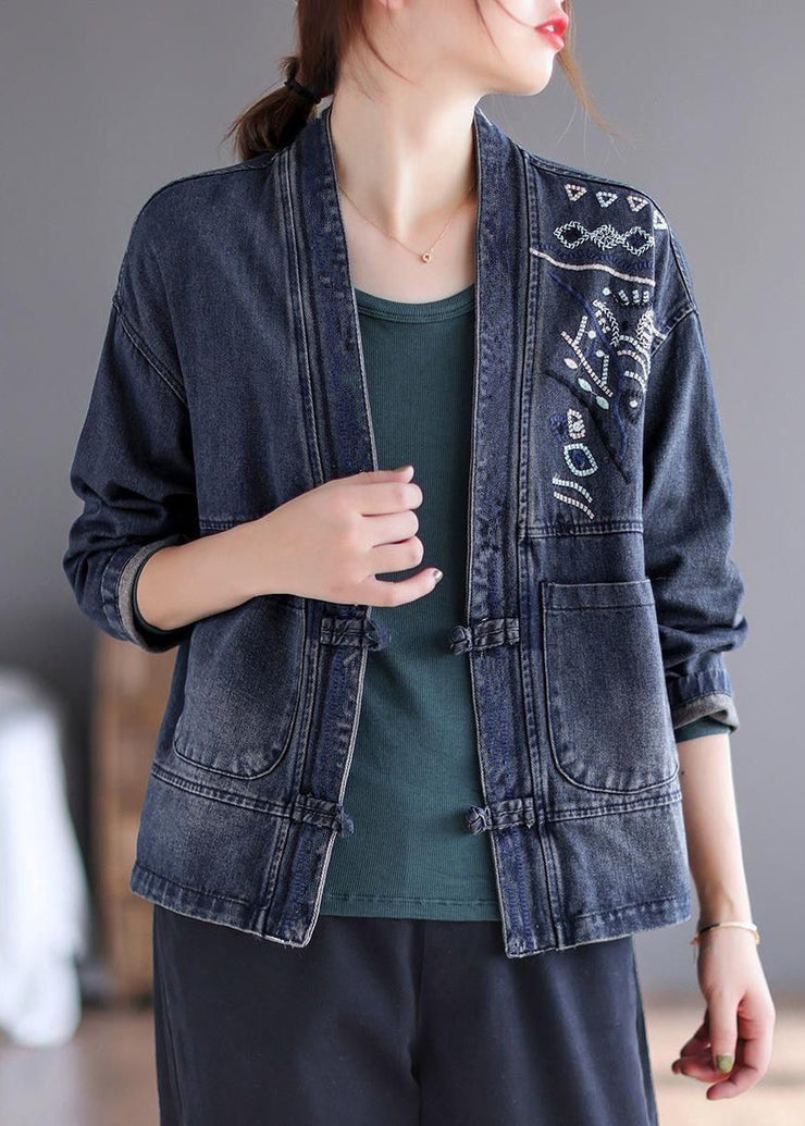 Loose Blue V Neck Embroideried Button Denim Coat Long Sleeve