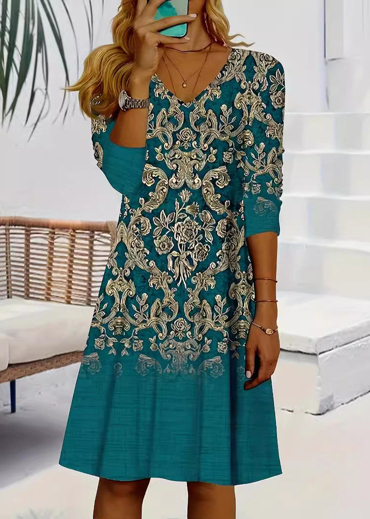 Loose Blue V Neck Print Cotton Mid Dress Long Sleeve