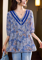 Loose Blue Wrinkled Button Print Chiffon Blouse Half Sleeve