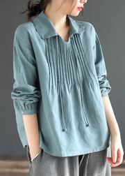 Loose Blue Wrinkled Lace Up Patchwork Cotton Top Long Sleeve