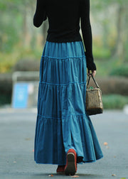 Loose Blue Wrinkled Patchwork Lace Up Corduroy Skirts Spring