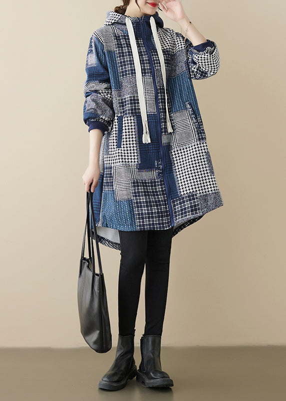 Loose Blue Zip Up Plaid Patchwork Warm Fleece Hooded Coat Spring