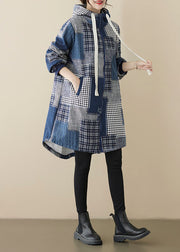 Loose Blue Zip Up Plaid Patchwork Warm Fleece Hooded Coat Spring