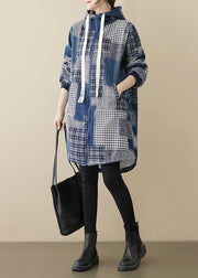 Loose Blue Zip Up Plaid Patchwork Warm Fleece Hooded Coat Spring