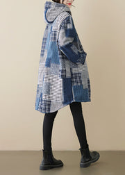 Loose Blue Zip Up Plaid Patchwork Warm Fleece Hooded Coat Spring