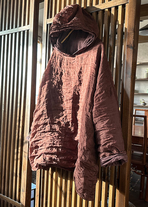 Loose Brick Red Hooded Wrinkled Linen Tops Spring