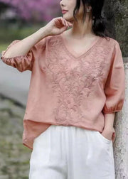 Loose Brick Red V Neck Embroideried Patchwork Linen T Shirt Half Sleeve