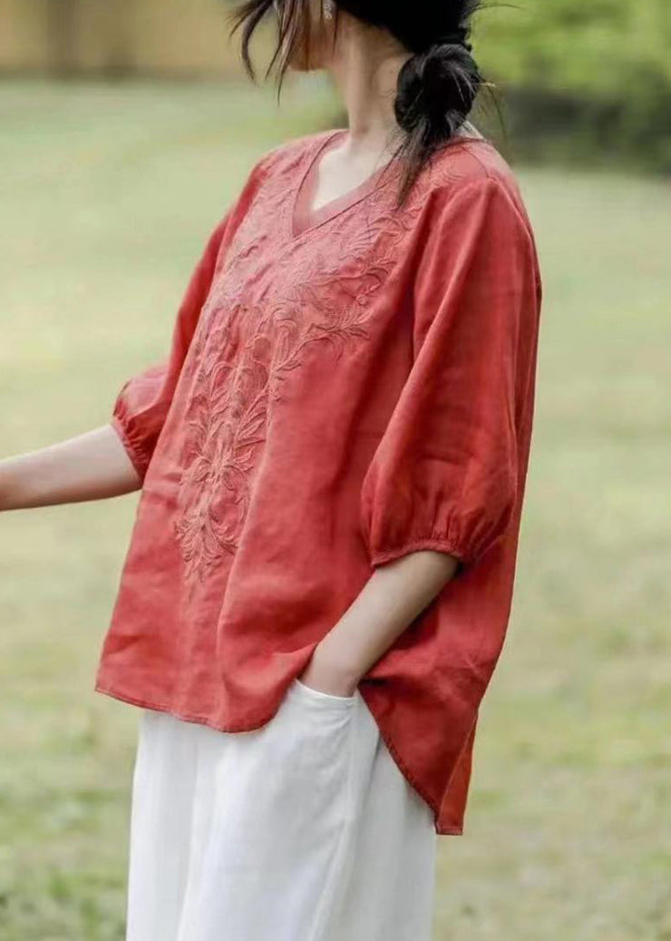 Loose Brick Red V Neck Embroideried Patchwork Linen T Shirt Half Sleeve