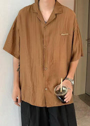 Loose Brown Button Solid Cotton Mens Shirts Half Sleeve