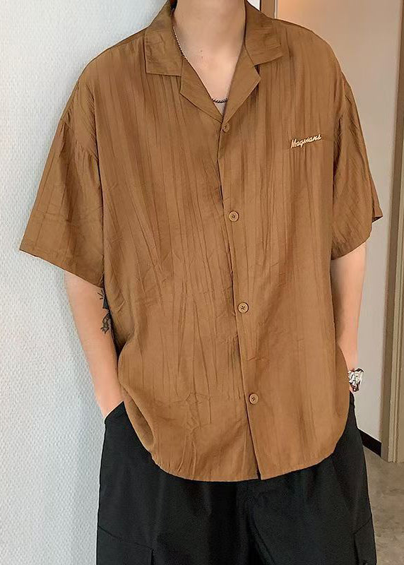 Loose Brown Button Solid Cotton Mens Shirts Half Sleeve