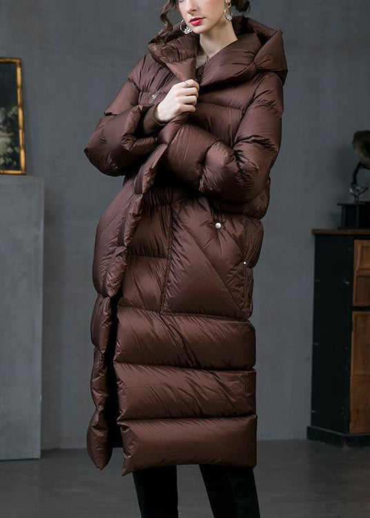 Loose Brown Hooded Pockets Duck Down Down Coat Winter