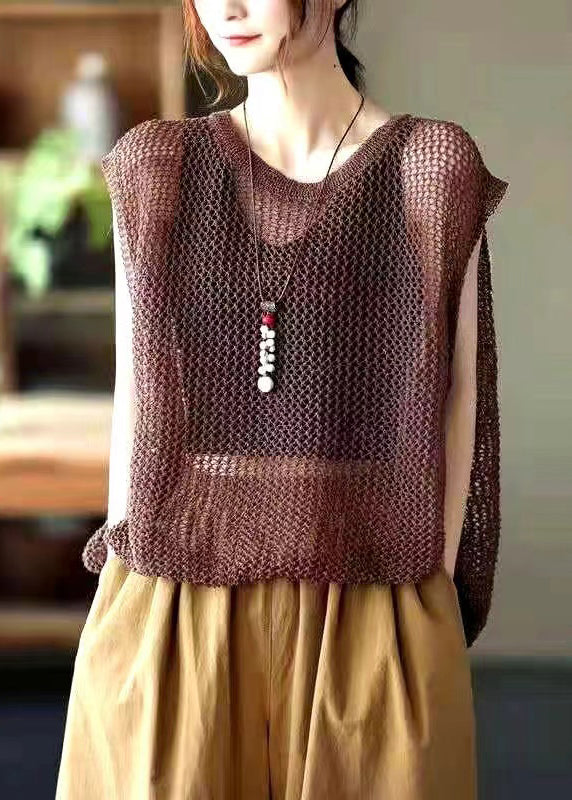 Loose Brown O Neck  Hollow Out Knit Vest Sleeveless