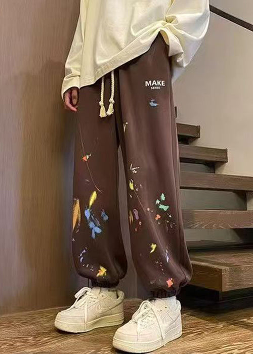 Loose Brown Pockets Elastic Waist Warm Fleece Men Pants Winter