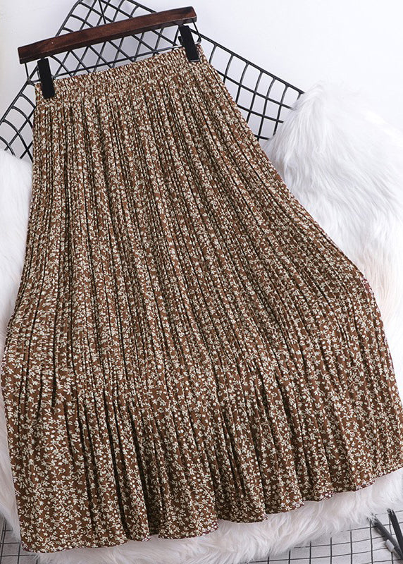 Loose Brown Print Elastic Waist Chiffon Pleated Skirt Fall