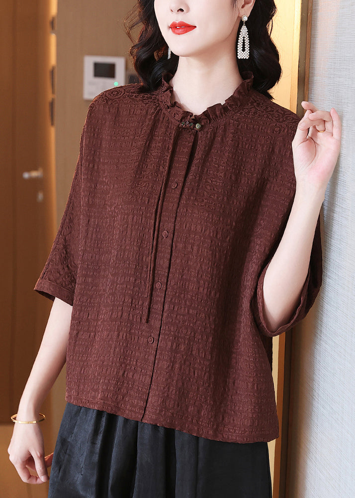 Loose Brown Ruffled Button Silk Blouse Spring