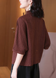 Loose Brown Ruffled Button Silk Blouse Spring