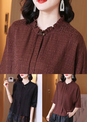 Loose Brown Ruffled Button Silk Blouse Spring