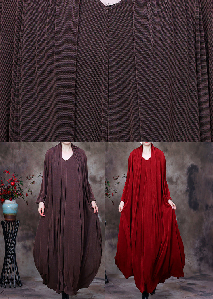 Loose Brown V Neck Fake Two Pieces Silk Long Dresses Long Sleeve