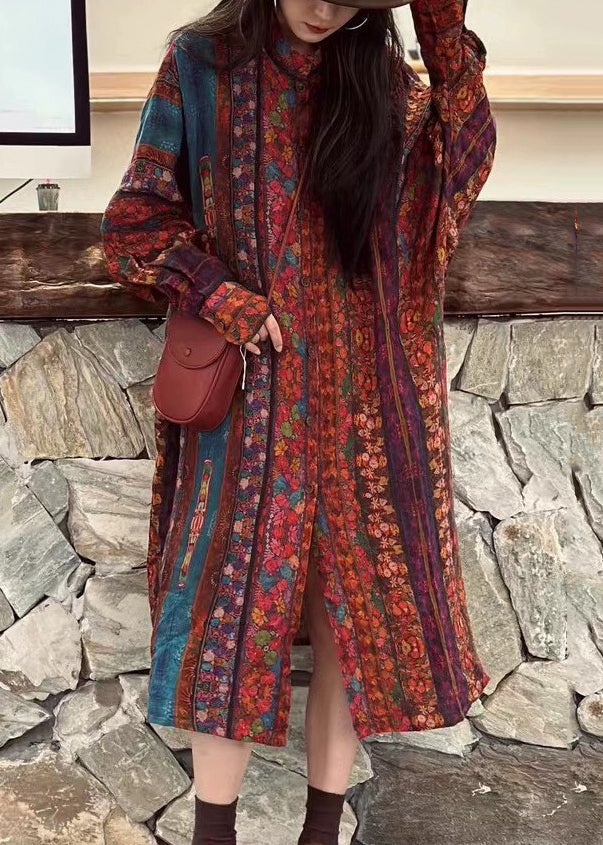 Loose Button Print Patchwork Linen Shirt Dress Long Sleeve