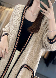 Loose Camel Hollow Out Patchwork Cotton Knit Cardigan Fall