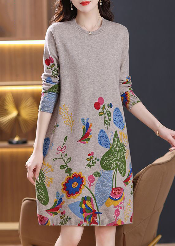 Loose Camel O Neck Side Open Wool Knit Dress Spring